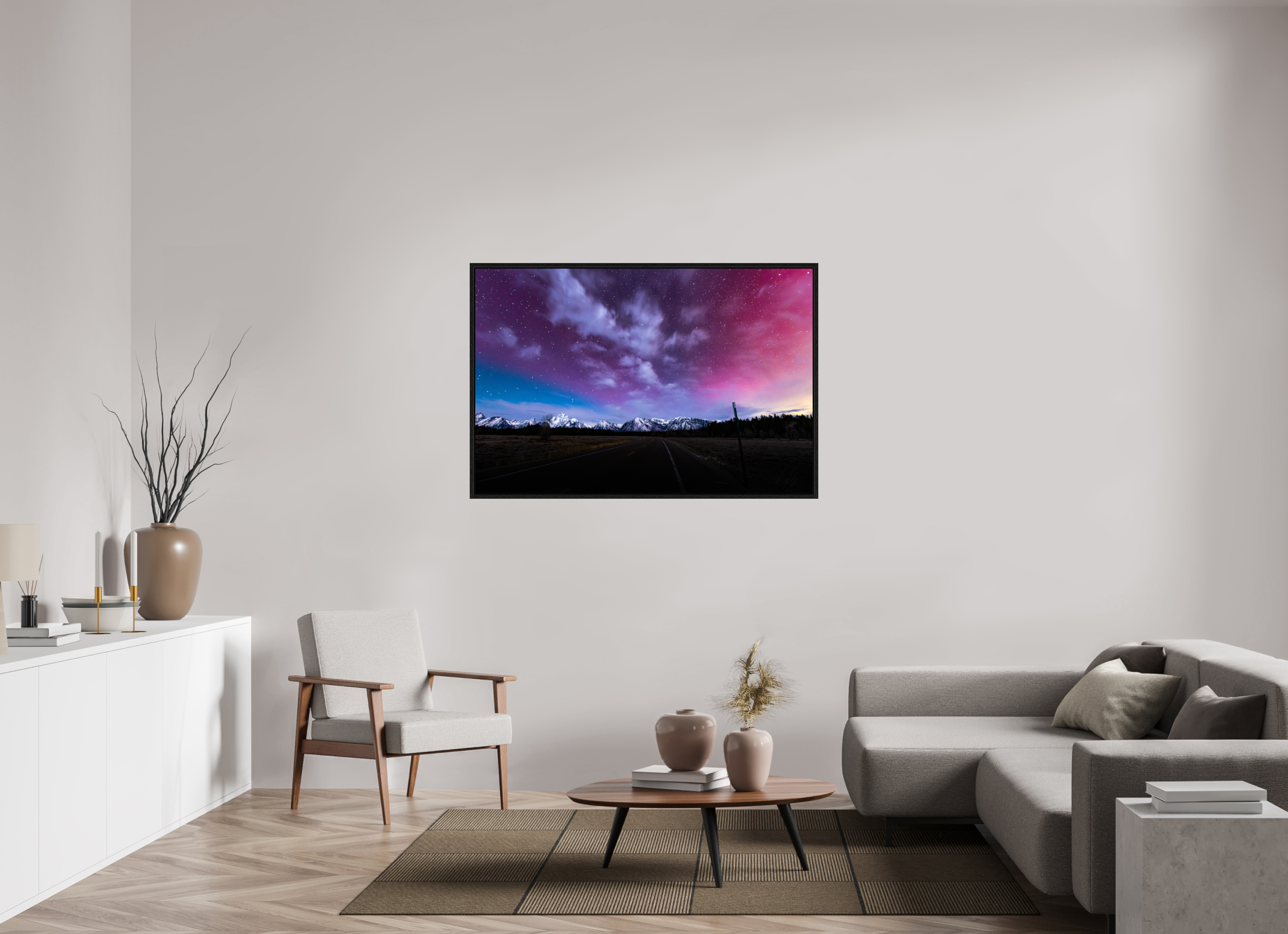 54 x 36″, Floater Frame Aurora Over Jackson Lake