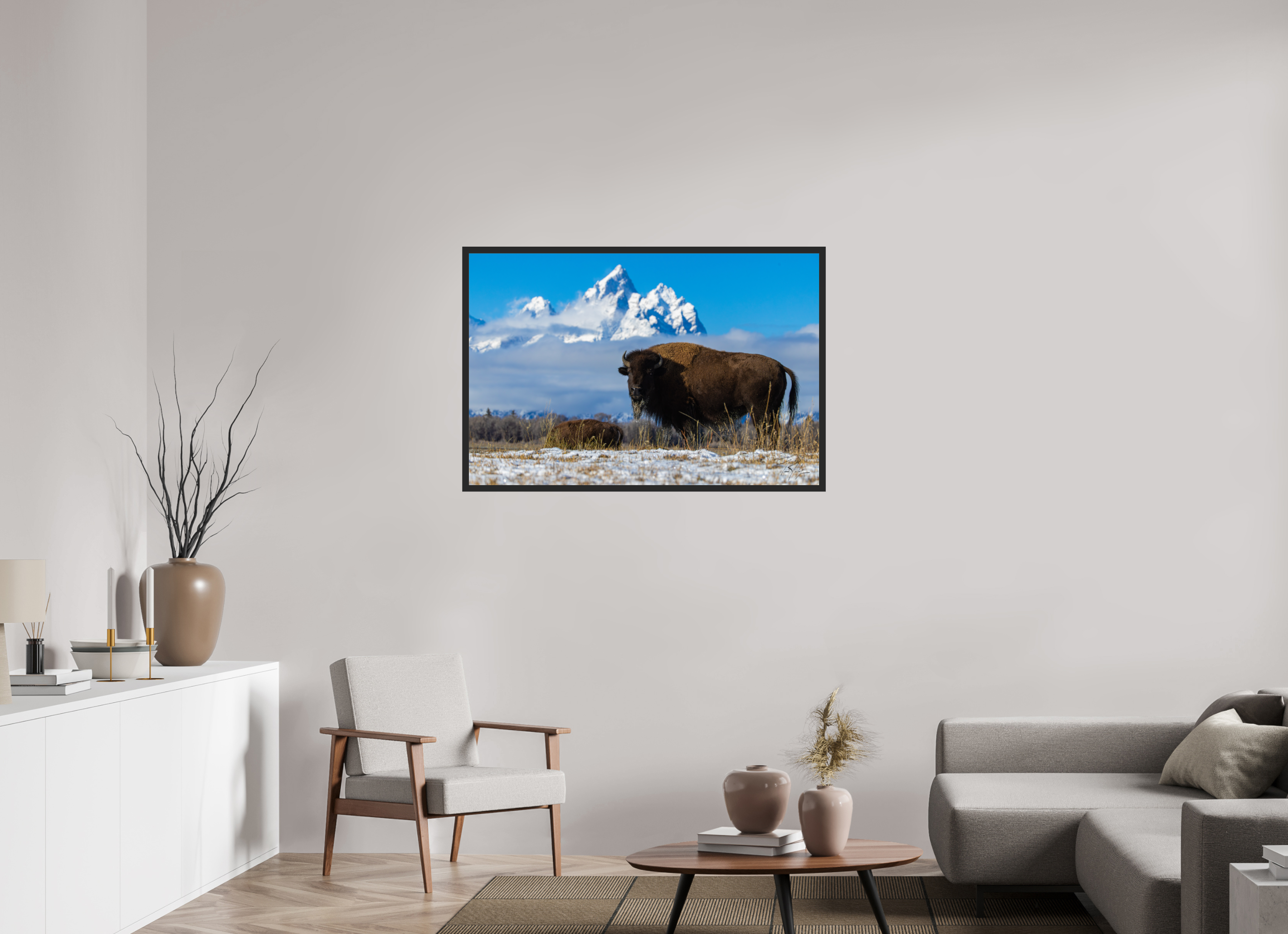 45 x 30″, Frame Black gloss without border Winter Bison