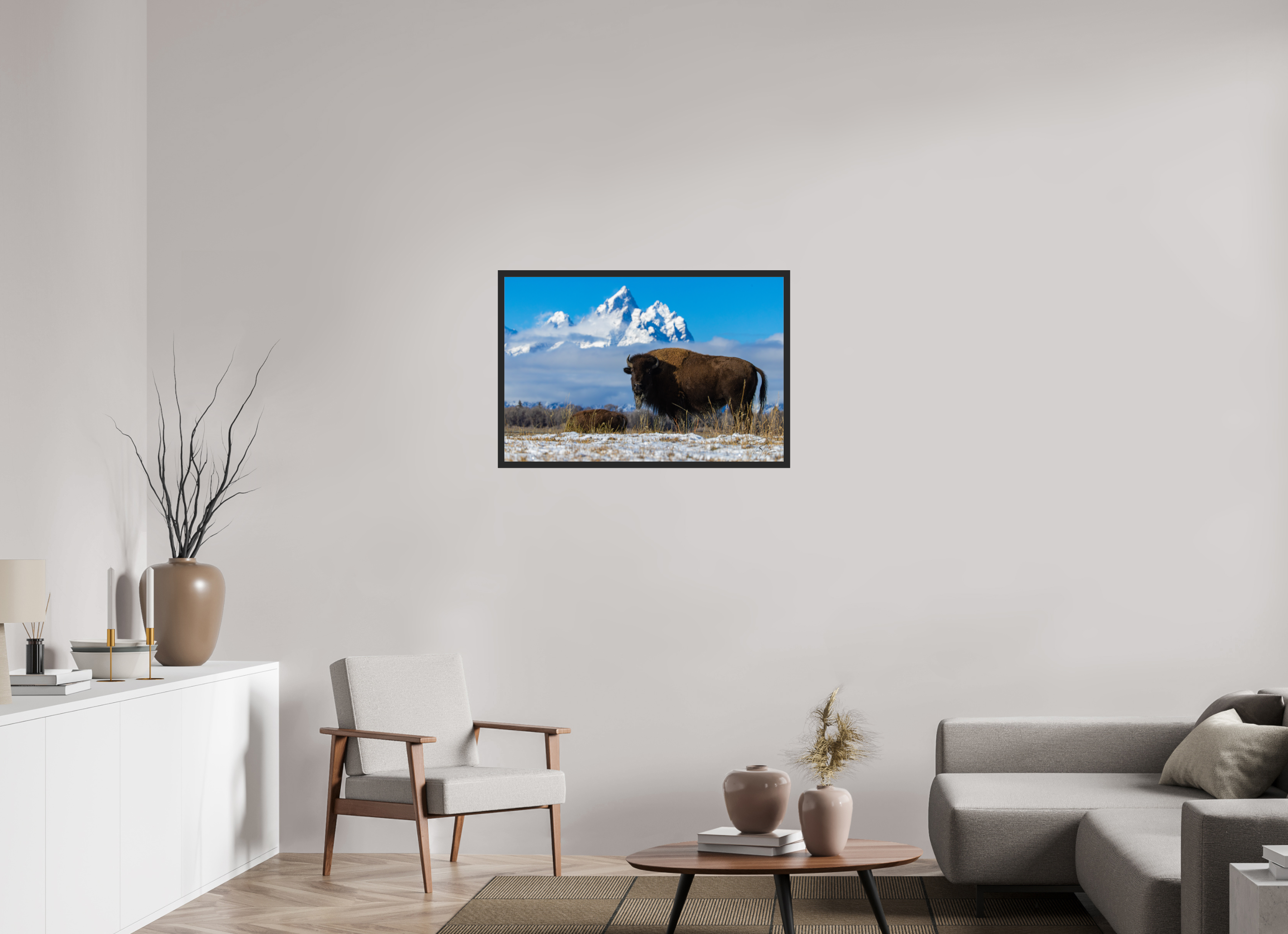 36 x 24″, Frame Black gloss without border Winter Bison