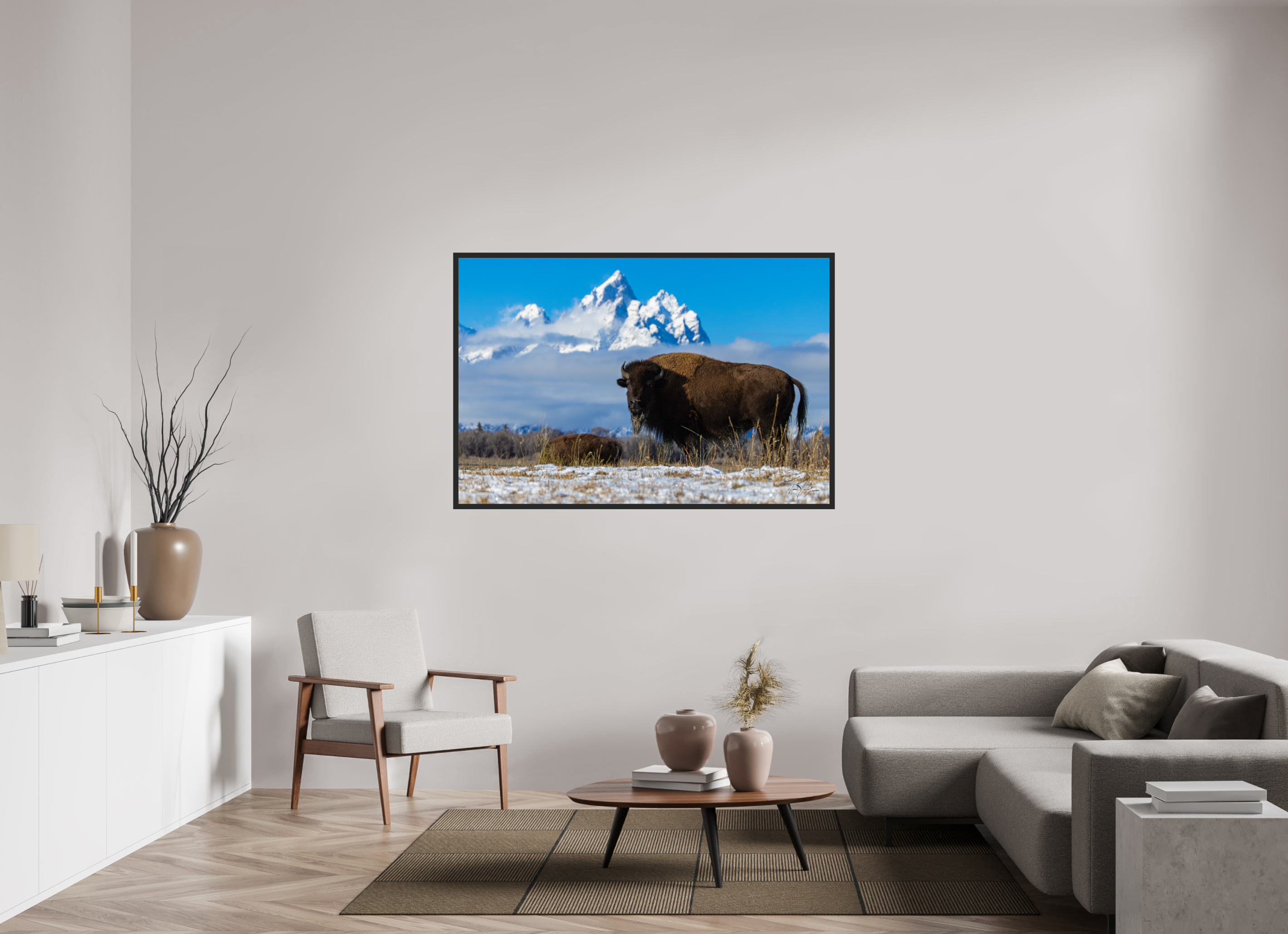60 x 40″, Frame Black gloss without border Winter Bison